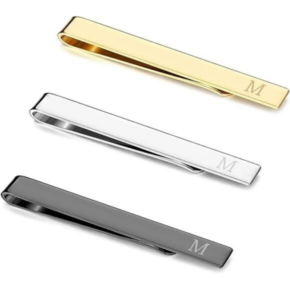 Mens Tie Clip Set Gold Silver Black Stainless Steel Letter Bar Accessories - Picture 7 of 7